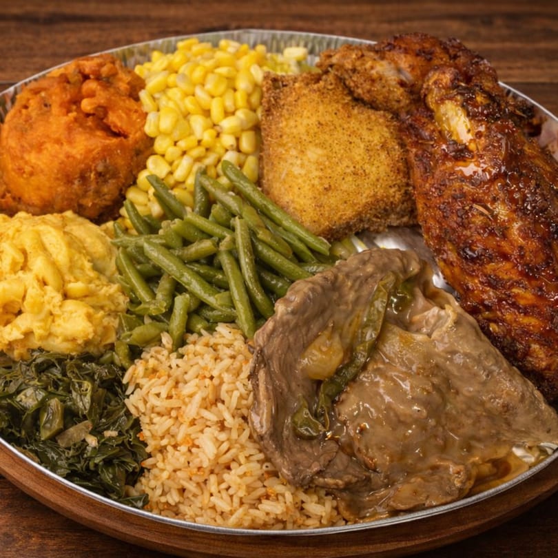 A large platter of soul food with fried chicken, BBQ chicken, steak, rice, collard greens, mac and cheese, green beans, corn, and candied yams.