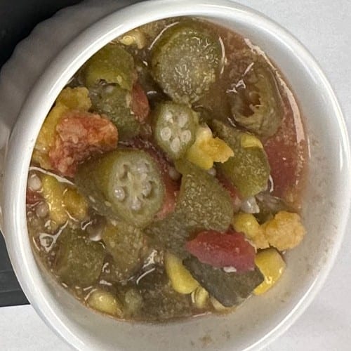 Okra, Corn, & Tomato.