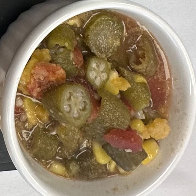 Okra, Corn, & Tomato.